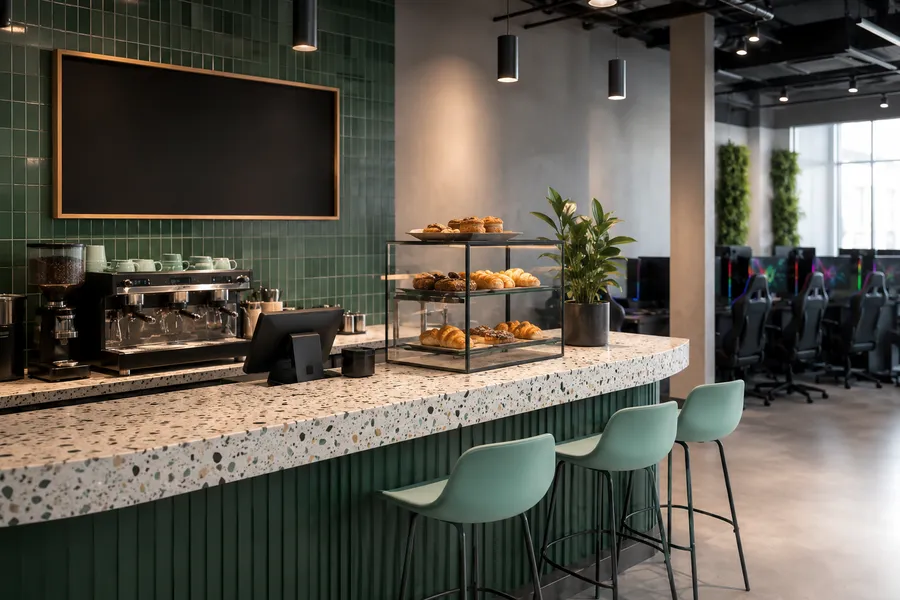 Barra de Píxel Café Perú con vitrina de snacks y taburetes en tono menta.