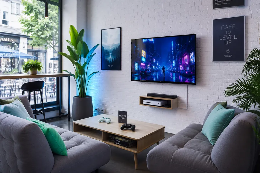 Sala de consolas con sillones y pantalla grande de Píxel Café Perú.