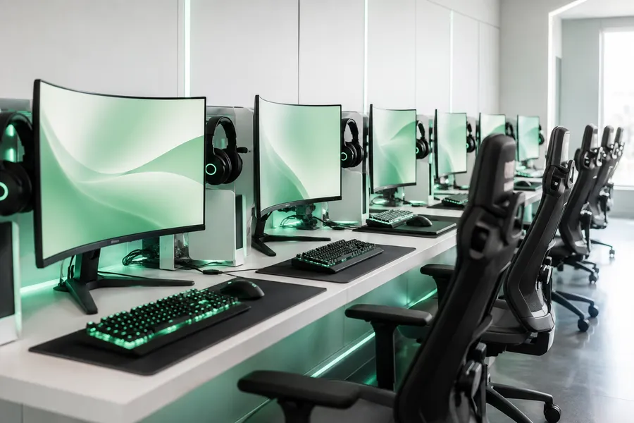 Fila de estaciones PC con monitores curvos e iluminación en tono menta en Zona PC.
